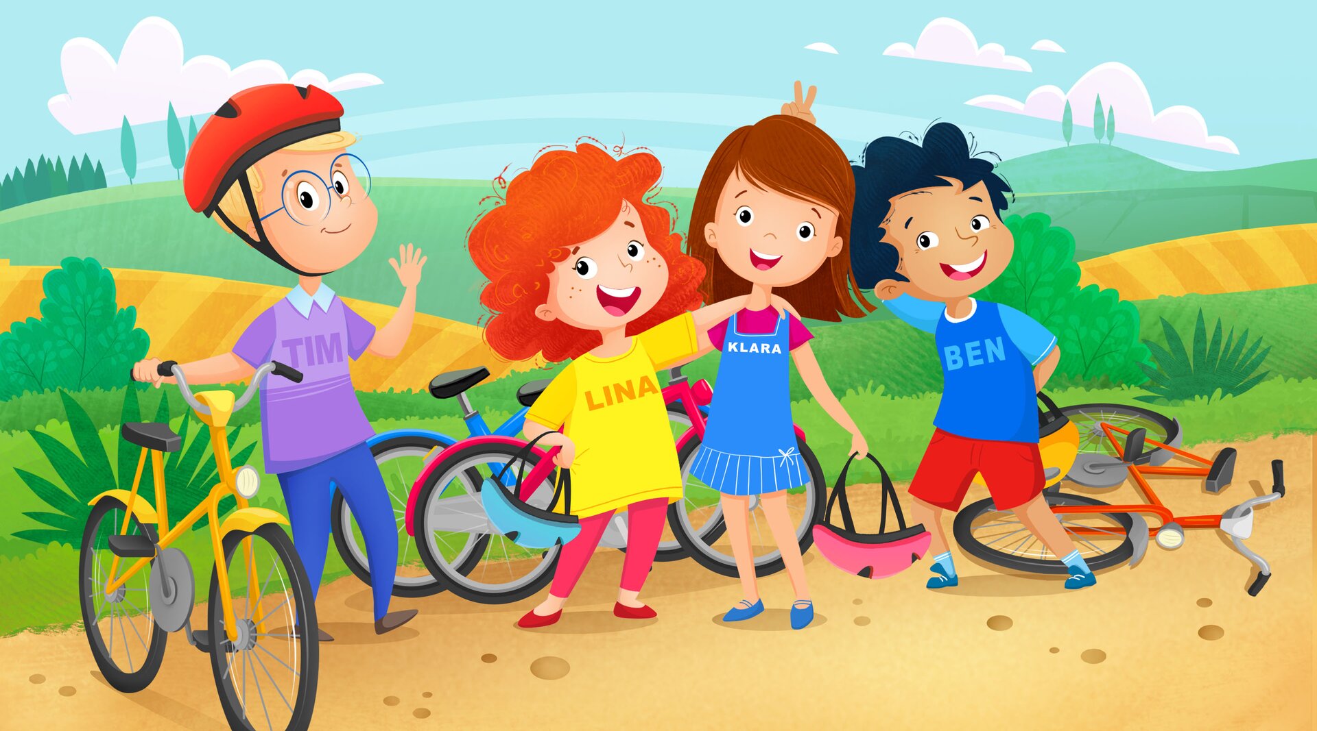 Ilustracja przedstawia dwie dziewczynki i dwóch chłopców na wycieczce rowerowej.
