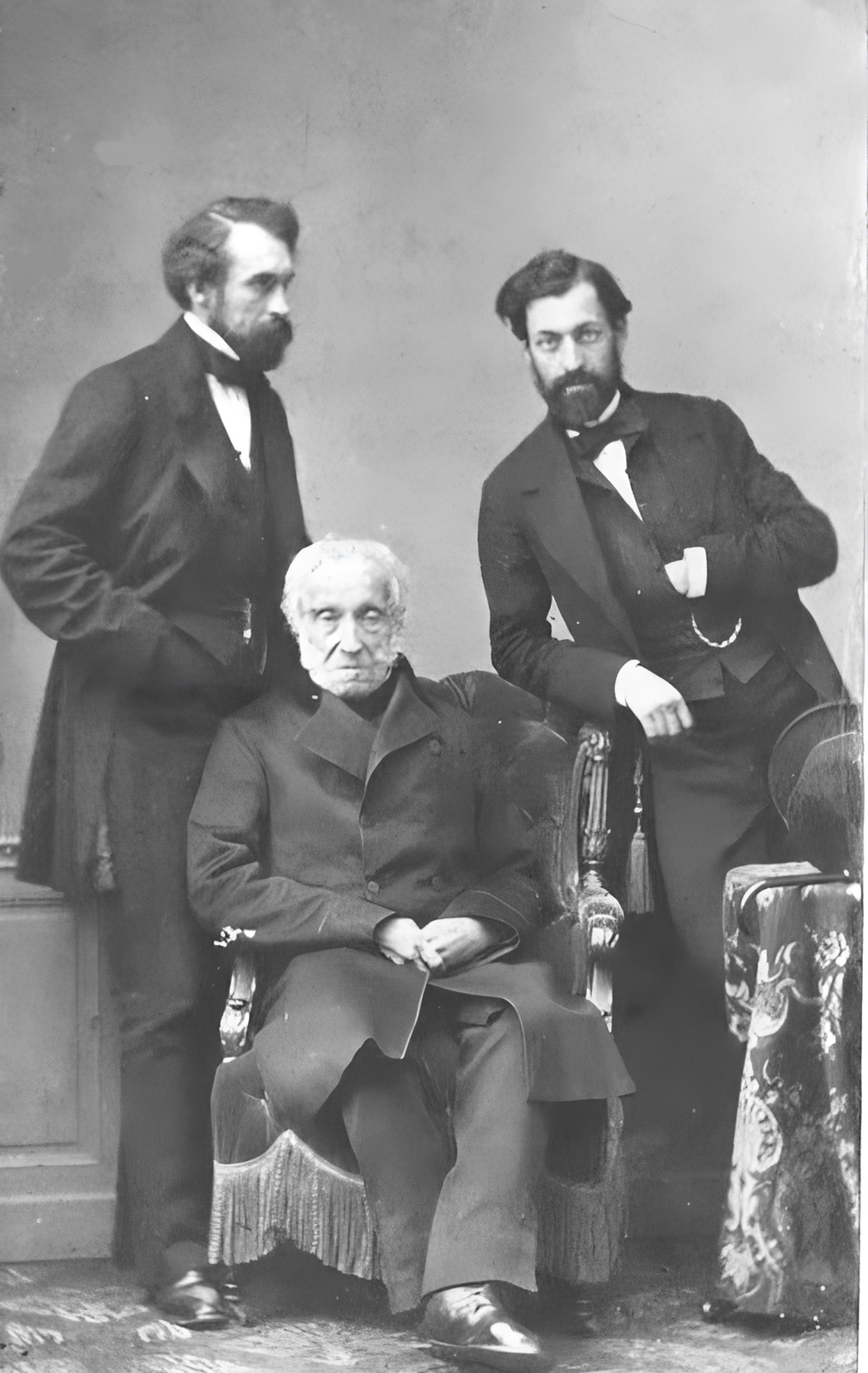 Zdjęcie przedstawia zdjęcie grupowe Czartoryskich. W centrum w fotela nakrytym aksamitną kapą z frędzlami siedzi książę Adam Jerzy Czartoryski. Jest starcem z siwymi włosami z zakolami. Ubrany jest w wełniany płaszcz zapinany na dwurzędowe guziki. Złączone dłonie oparł na kolanach. Stojący po obu stronach synowie ubrani są w garnitury z kamizelkami z dewizką. Mają koszule ze stójką i zawiązane po nimi muszki. Posiadają kręcone włosy z przedziałkiem, gęsty zarost na twarzy i policzkach. Witold ustawił się bokiem do fotelu ojca i włożył lewą rękę do kieszeni. Władysław ustawił się po prawej stronie, na wprost, oparł prawą rękę na oparciu fotelu ojca, a lewą wsunął za poły kamizelki. Kapelusz i laskę położył na stoliku po prawej stronie. Stolik ten nakryty jest haftowaną kapą wełnianą.