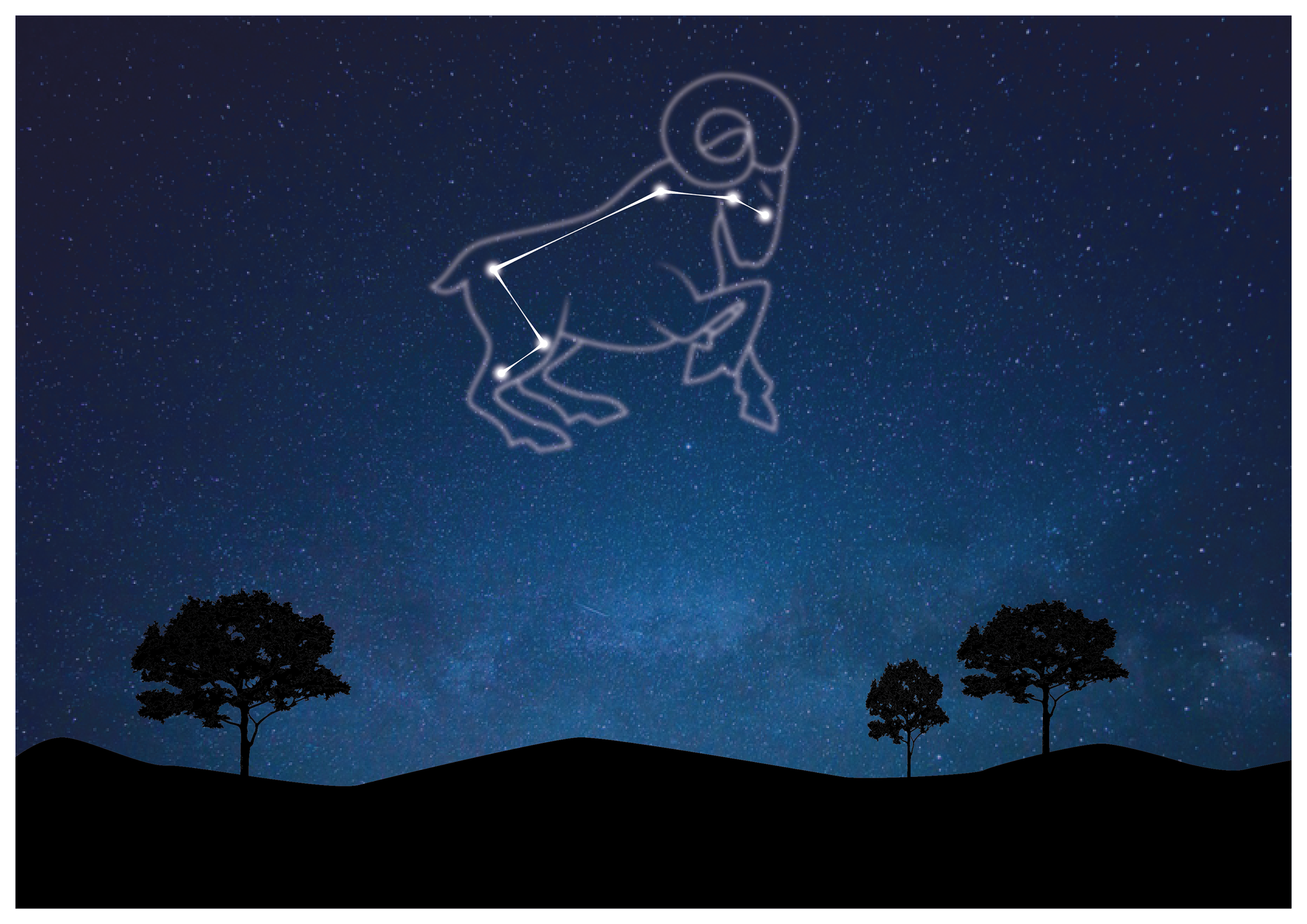 Ilustracja przedstawia gwiazdozbiór Barana (Aries) na nocnym niebie. Dla lepszego efektu, gwiazdy połączono odcinkami i narysowano na nich kształt barana.