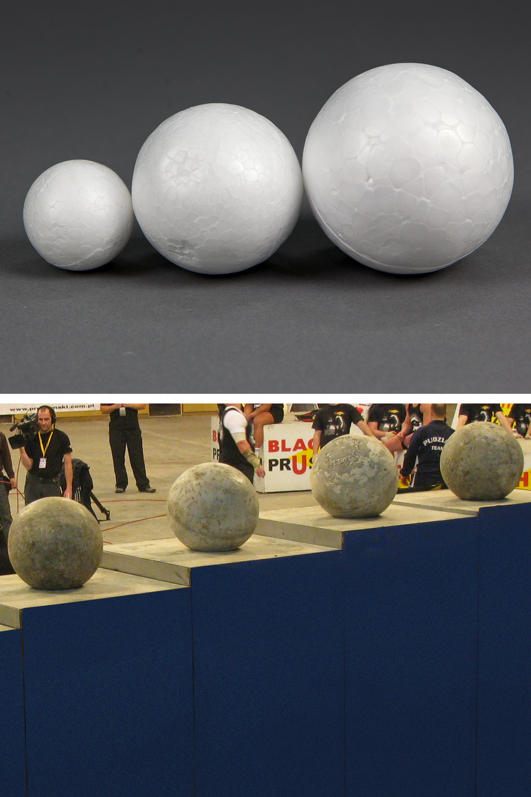 Za pomocą dwóch umieszczonych jedno nad drugim zdjęć, porównano ze sobą dwa rodzaje kul. Na górnym znajdują się trzy kule styropianowe o zróżnicowanych rozmiarach, a na dolnym cztery kule kamienne wykorzystywane podczas zawodów siłaczy.