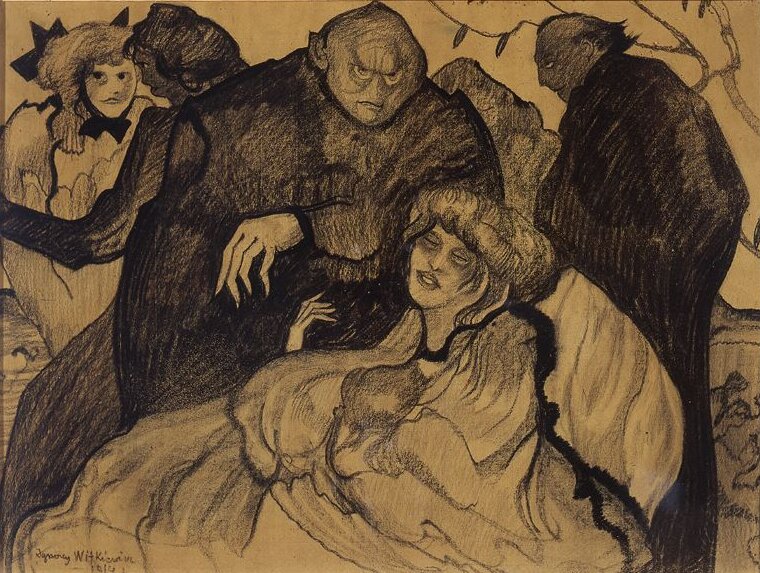 Ilustracja przedstawia kobiecą postać w rozłożystej sukni z przymkniętymi oczami. Nad nią znajduje się postać w ciemnym stroju, z długimi palcami i owalną głową ze spiczastymi uszami, zmarszczkami oraz złowrogim spojrzeniem. W tle po lewej widoczne są dwie kobiety w sukniach, a po prawej łysiejący mężczyzna w ciemnym stroju.