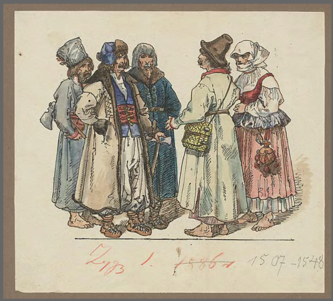 Obraz przedstawia czterech chłopów i jedną chłopkę. Sposób ubierania się chłopów przypominał strój szlachecki. Mężczyźni zakładali na spód koszulę i luźne spodnie, a na wierzch, jako ubiór zewnętrzny, kaftan przypominający krojem żupan. Kobiety nosiły dwuczęściowe stroje, złożone z koszuli i długiej spódnicy. Na koszulę nakładany był niby gorset. Buty dla chłopstwa były luksusem - na co dzień chodziło się boso lub w słomianych łapciach domowej roboty.