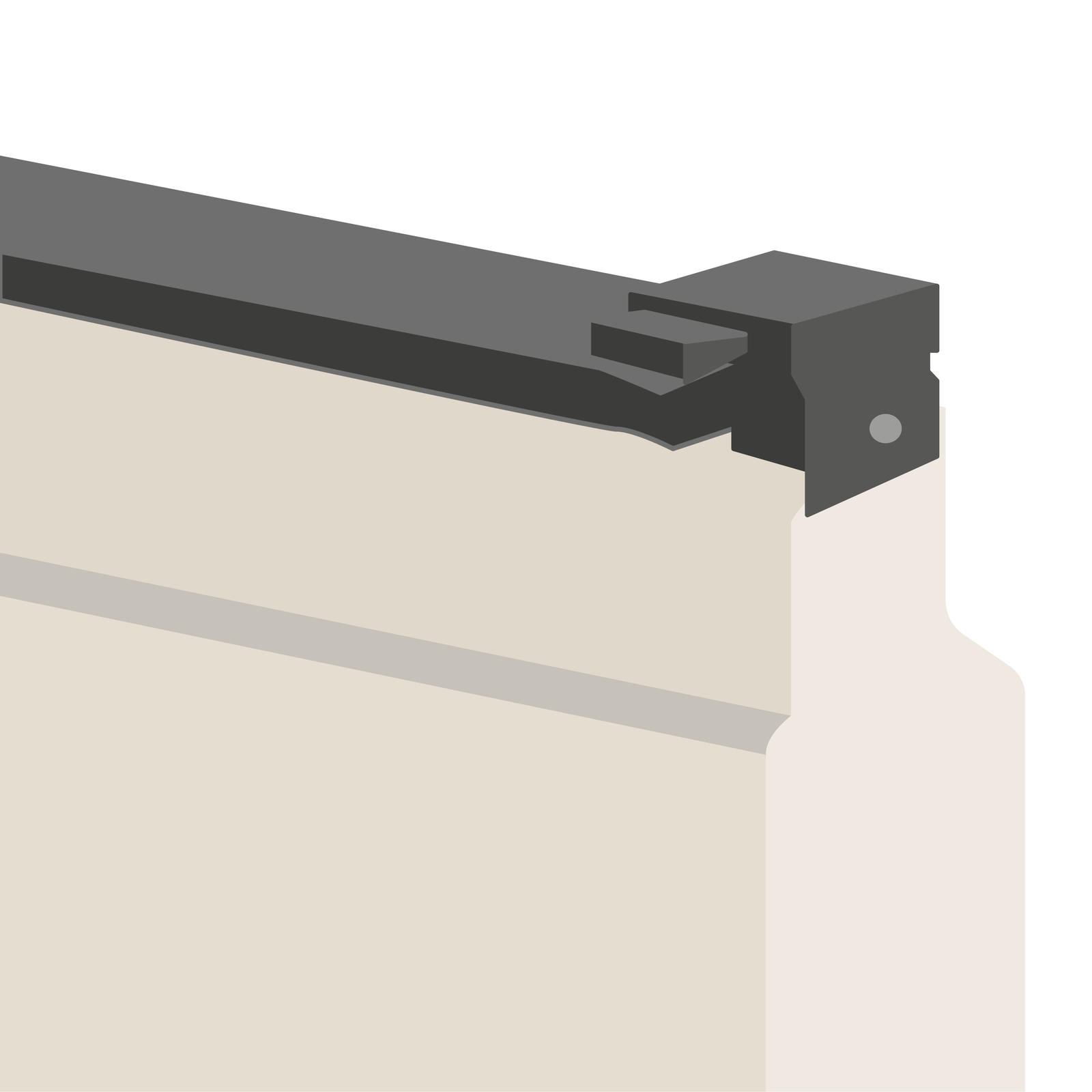 Grafika przedstawia ciemną uszczelkę narożnikową, której koniec ma wypukły kwadratowy kształt. Uszczelka ściśle przylega do górnego elementu drzwi.