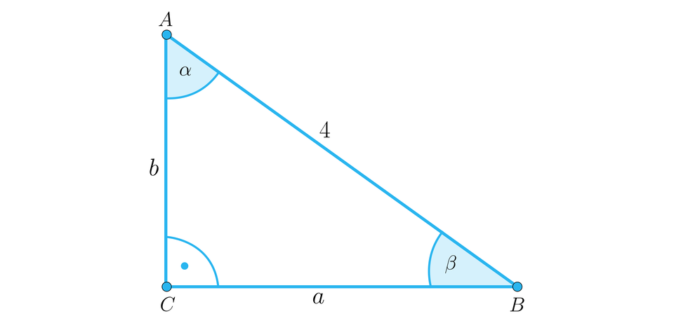 Rysunek przedstawia trójkąt prostokątny o podstawie a, która jest jednocześnie bokiem C B, o pionowej przyprostokątnej b, która jest bokiem A C oraz o przeciwprostokątnej B A o długości cztery. Na ilustracji zaznaczono kąty wewnętrze trójkąta. Przy wierzchołku C znajduje się kąt prosty, przy wierzchołku B znajduje się kąt BETA, a przy wierzchołku A znajduje się kąt alfa.
