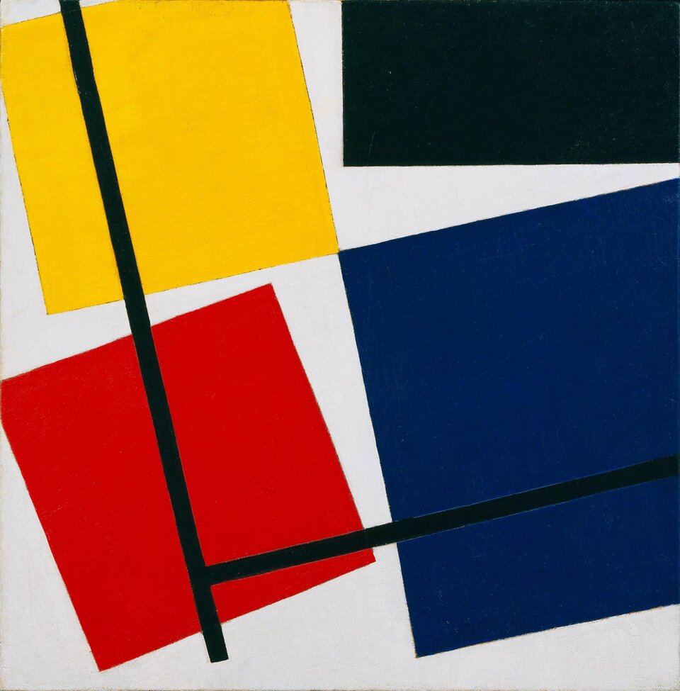 Ilustracja przedstawia obraz Theo van Doesburga „Simultaneous Counter Composition”. Ukazuje cztery czworokąty kolorach: żółtym, czarnym, czerwonym, niebieskim, zamieszczone na białym tle. Na czworokątach namalowane są dwie czarne linie - po lewej stronie i u dołu. Linie stykają się.