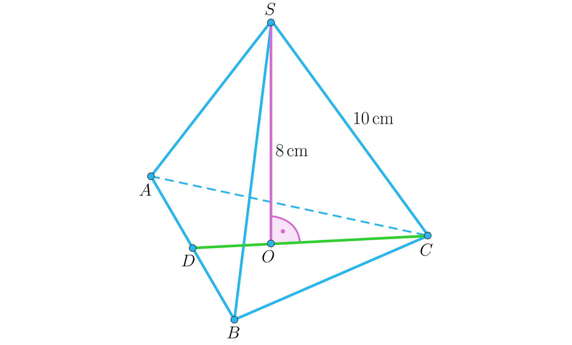 Ilustracja przedstawia ostrosłup prawidłowy trójkątny ABCS. O krawędzi bocznej równej 10 centymetrów i o wysokości długości 8 centymetrów. Zaznaczono wysokość podstawy CD. 
