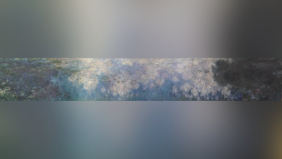 Obraz przedstawia wyobrażenie lilii wodnych i chmur.