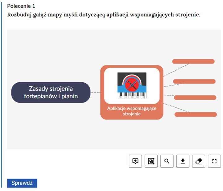 Grafika przedstawia fragment mapy myśli. Z lewej strony znajduje się niebieski prostokąt z napisem: zasady strojenia fortepianów i pianin, od którego odchodzi linia prowadząca do pomarańczowego kwadratu. W kwadracie znajduje się dekoracyjna grafika i napis: Aplikacje wspomagające strojenie. Od niego odchodzi linia prowadząca do kilku pustych pól do uzupełnienia.
