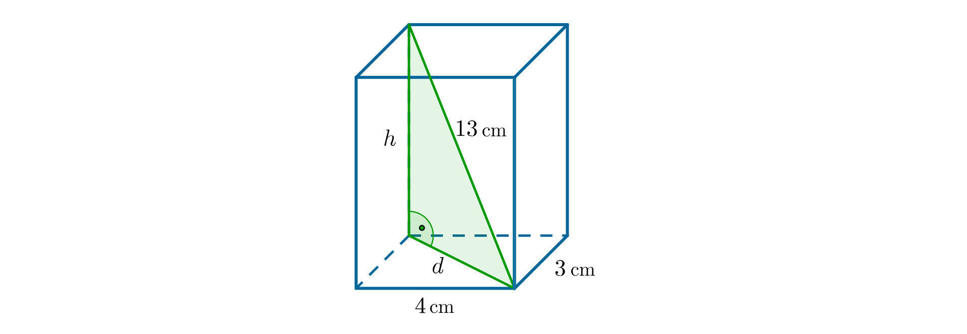 Na rysunku znajduje się prostopadłościan, który w podstawie ma prostokąt o wymiarach 4 cm na 3 cm. W prostopadłościanie zaznaczona jest jego przekątna, która ma długość 13 cm. Przekątna prostopadłościanu tworzy z jego krawędzią boczną równą h oraz z przekątną podstawy równą d trójkąt prostokątny, gdzie przekątna prostopadłościanu jest przeciwprostokątną.