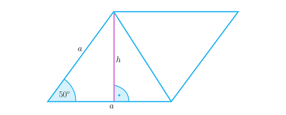 Ilustracja przedstawia romb. Został on podzielony przekątną tak, że dzieli ona go na dwa trójkąty równoramienne o wspólnej podstawie, owej przekątnej. Jeden z nich został oznaczony bokiem o wartości a, poprowadzono w nim wysokość h i zaznaczono kąt 50 stopni przy wierzchołku leżącym naprzeciw wysokości h. Między wysokością h a bokiem na nią opuszczonym oznaczono również kąt prosty.