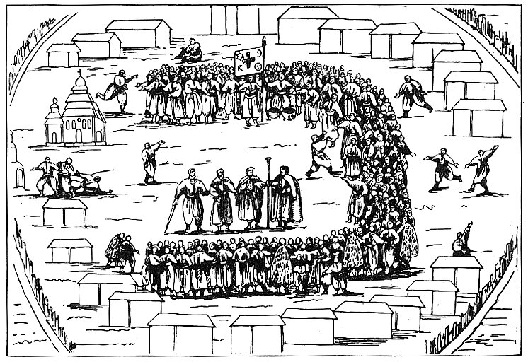 Ilustracja przedstawia radę kozacką. Wokół czterech uzbrojonych w miecze mężczyzn stoi grupa liczna grupa kozaków. Jeden z nich trzyma sztandar. Wokół kozaków znajdują się zabudowania i kościół.