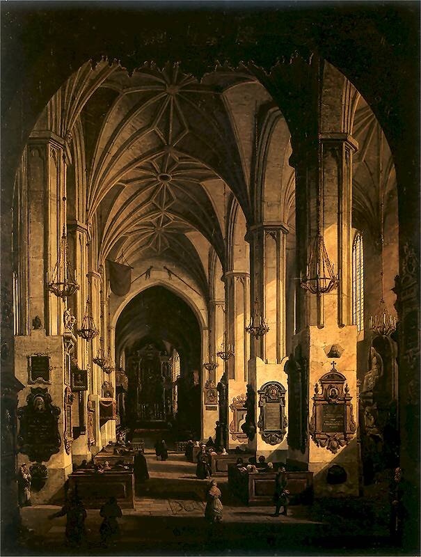 Obraz przedstawia wnętrze katedry, które jest mroczne. Na sklepieniu gwiaździstym opierają się kolumny kościoła. Znajdują się one po obu stronach. Na kolumnach są umieszczone nagrobki. Naprzeciwko kolumny stoją ławki po obu stronach kościoła. Kolumny są zakończone łukami. Przy sufitach wiszą na długich łańcuchach żyrandole ze  świeczkami. W prezbiterium znajduje się ołtarz główny. 
