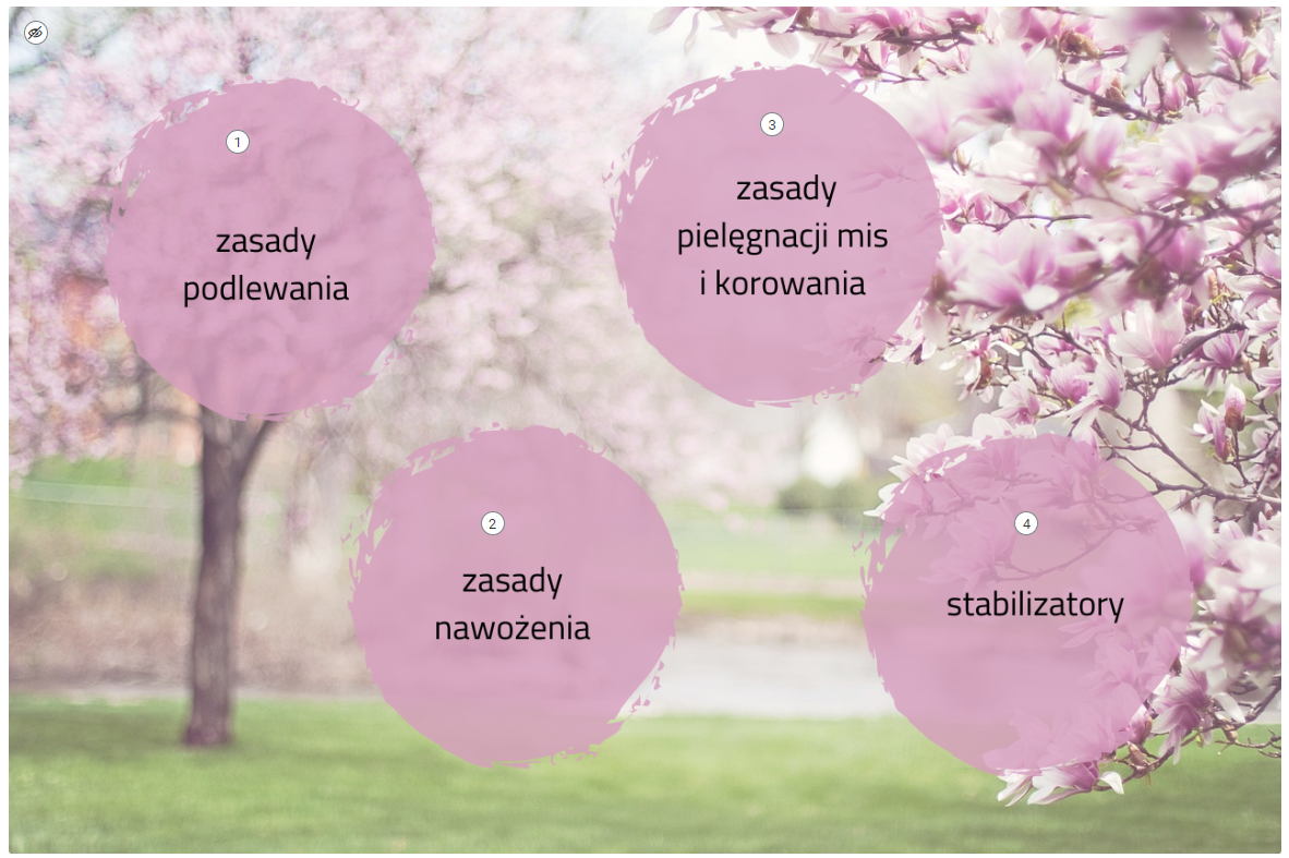 Grafika przedstawia widok ogólny planszy interaktywnej. Na planszy znajdują się cztery punkty interaktywne, które odpowiadają konkretnej kategorii.