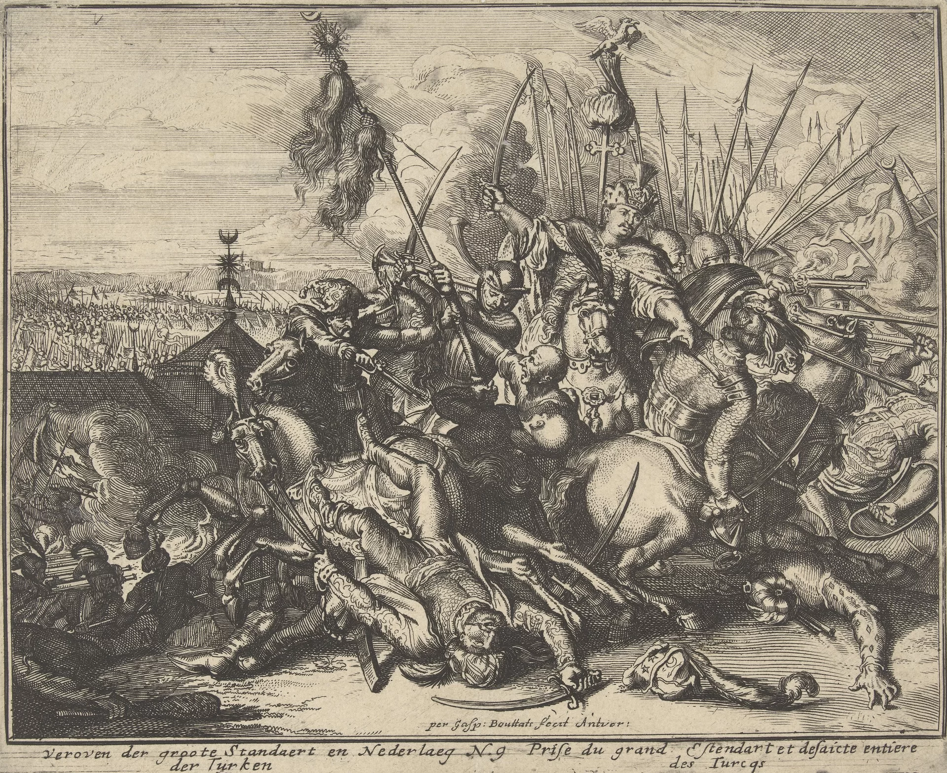 Kliknij, aby powiększyć. Na biało‑czarnej ilustracji na koniach żołnierze. W środku mężczyzna z uniesioną szablą, ma płaszcz, czapkę, wąsy. Za nim widać rycerzy z włóczniami i pistoletami. Przed nim trupy żołnierzy . W tle widać wojska. Na dole obrazu nieczytelny napis w języku obcym.