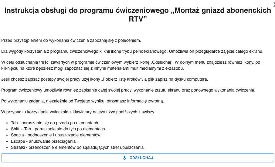 Widok podglądowy do instrukcji multimedium. Jest ona rozpisana w punktach. Na samym dole znajduje się przycisk ODSŁUCHAJ.