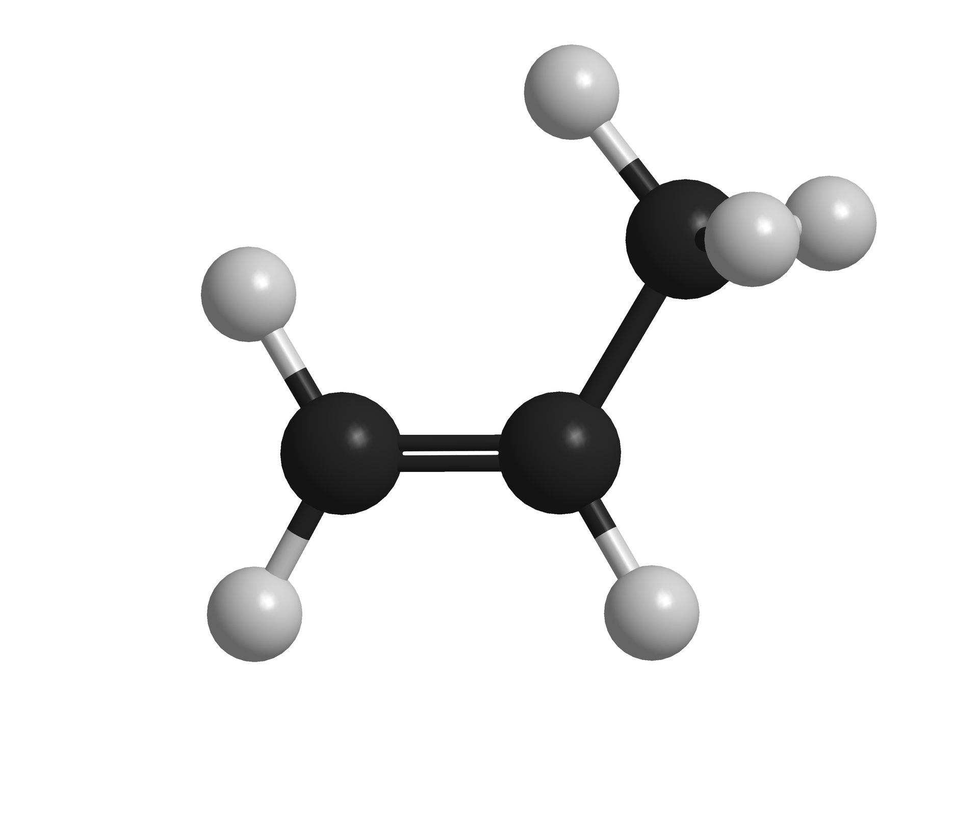 Grafika przedstawia model kulkowy cząsteczki propenu. Model zbudowany jest z trzech kulek czarnych symbolizujących atomy węgla. Pomiędzy dwoma czarnymi kulkami jest podwójne wiązanie ukazane za pomocą dwóch kresek. Trzecia czarna kulka jest przyłączona za pomocą jednej kreski. Do atomów węgla dołączone są atomy wodoru ukazane za pomocą szarych kulek. Przyłączone są one za pomocą pojedynczych kresek. Do skrajnego atomu węgla, połączonego z drugim atomem węgla podwójną kreską, dołączone są dwie szare kulki. Do środkowego atomu węgla przyłączony jest jeden atom wodoru. Do trzeciego atomu węgla przyłączone są trzy szare kulki. 