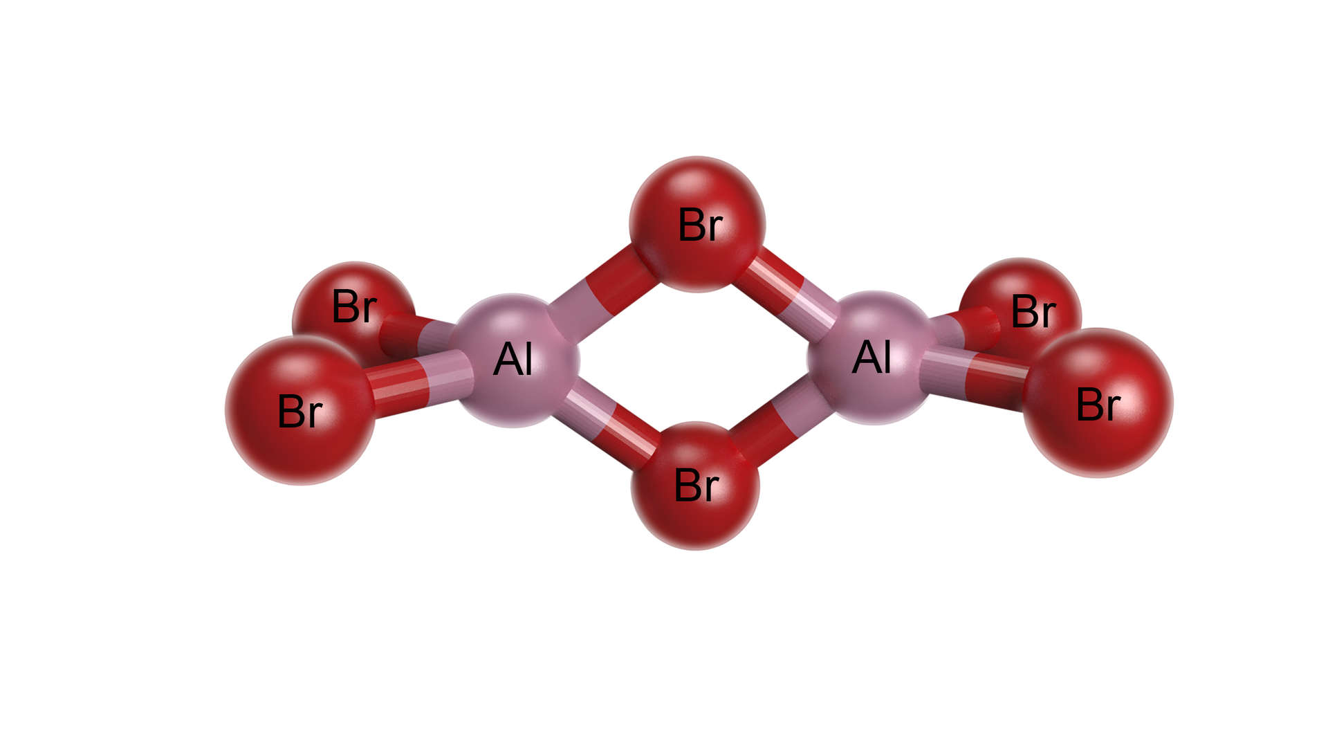 Ilustracja przedstawia model kulkowo‑pręcikowy dimeru bromku glinu. Dwa atomy bromu, w postaci bordowych kulek, są przyłączone do jednego atomu glinu (różowa kulka). Atomy te znajdują się w jednej płaszczyźnie. Wspomniany atom glinu łączy się z dwoma kolejnymi atomami bromu, pierwszy z nich znajduje się nad płaszczyzną, w której znajdują się pozostałe trzy omówione atomy, a drugi pod tą płaszczyzną. Te dwa atomy bromu są również przyłączone do drugiego atomu glinu znajdującego się w opisanej już płaszczyźnie i związanego z dwoma kolejnymi atomami bromu także zorientowanymi w tej płaszczyźnie. Zatem dwa atomy glinu i łączące je atomy bromu tworzą czteroczłonowy pierścień. 