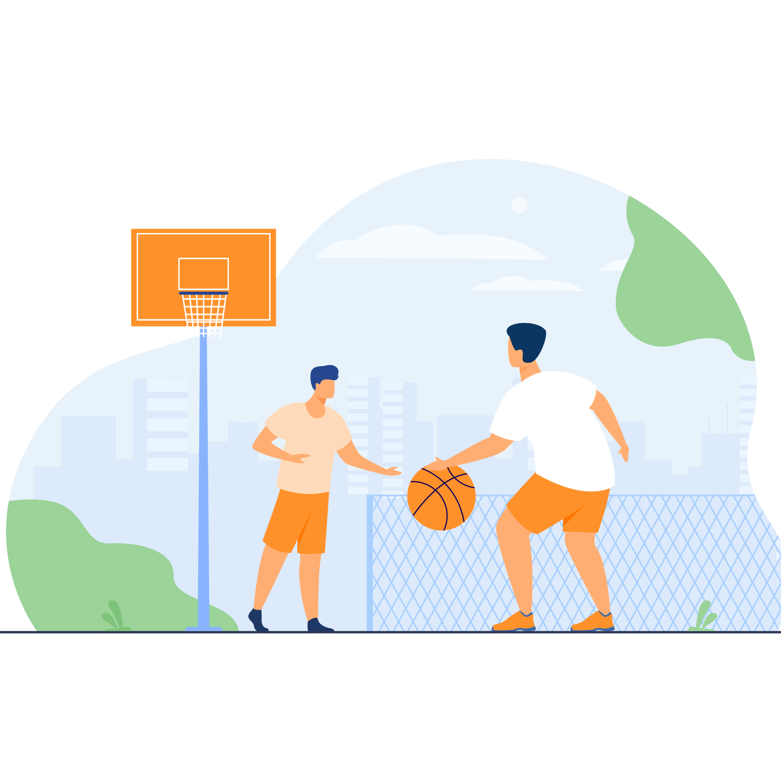 Ilustracja przedstawia dwóch mężczyzn, grających w koszykówkę. Noszą oni pomarańczowe krótkie spodenki oraz podkoszulki. W tle widoczna jest tablica z koszem oraz ogrodzenie.