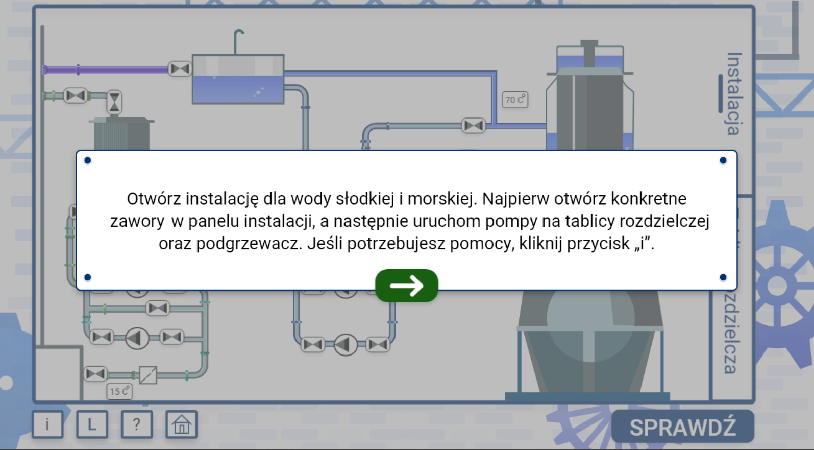 Grafika przedstawia widok na przykładowe polecenie wyświetlające się po uruchomieniu symulatora. Polecenie znajduje się w prostokątnym oknie. Poniżej widać zieloną strzałkę. W tle widać wygaszony symulator. 