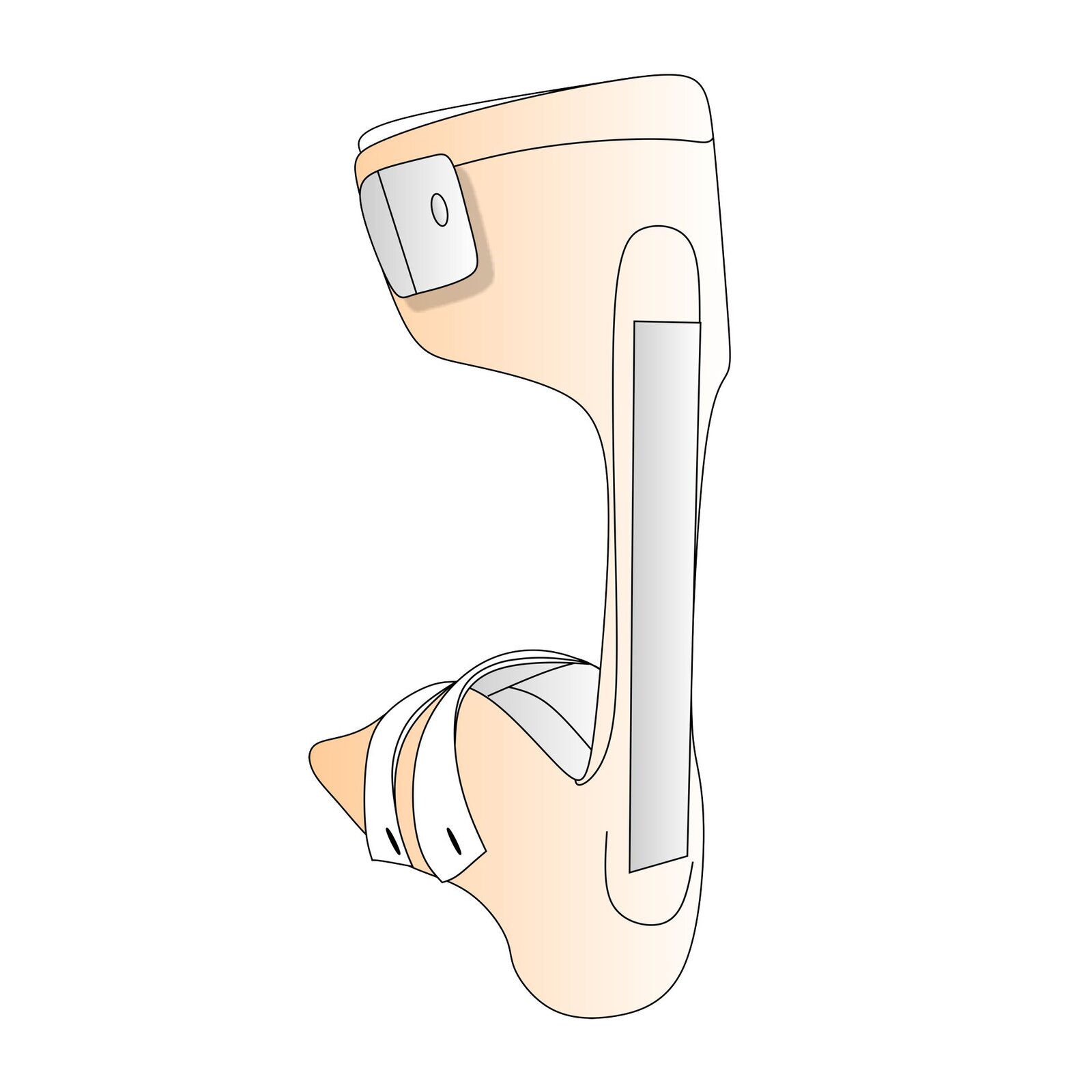 Grafika przedstawia tył ortezy mającej formę płaskiej podeszwy i przedłużenie wzdłuż kości piszczelowej do stawu kolanowego użytkownika. Orteza obejmuje całą stopę z wyjątkiem palców. Aparat ortopedyczny jest mocowany za pomocą trzech rzepów: w miejscu kości śródstopia, stawu skokowego i pod stawem kolanowym pacjenta. Z tyłu orteza ma dodatkowe usztywnienie w postaci pionowej listewki. 