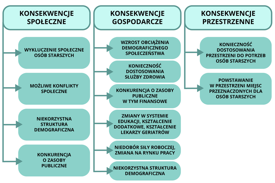 Schemat przedstawia konsekwencje starzenia się społeczeństwa. To konsekwencje społeczne, gospodarcze i przestrzenne. W konsekwencjach społecznych wyróżniono: wykluczenie społeczne osób starszych, możliwe konflikty społeczne, niekorzystna struktura demograficzna, konkurencja o zasoby publiczne. Konsekwencje gospodarcze to: wzrost obciążenia demograficznego społeczeństwa; konieczność dostosowania służby zdrowia; konkurencja o zasoby publiczne w tym finansowe; zmiany w systemie edukacji, kształcenie dodatkowe, kształcenie lekarzy geriatrów; niedobór siły roboczej, zmiana na rynku pracy; niekorzystna struktura demograficzna. Do konsekwencji przestrzennych należą: konieczność dostosowania przestrzeni do potrzeb osób starszych oraz powstawanie w przestrzeni miejsc przeznaczonych dla osób starszych.