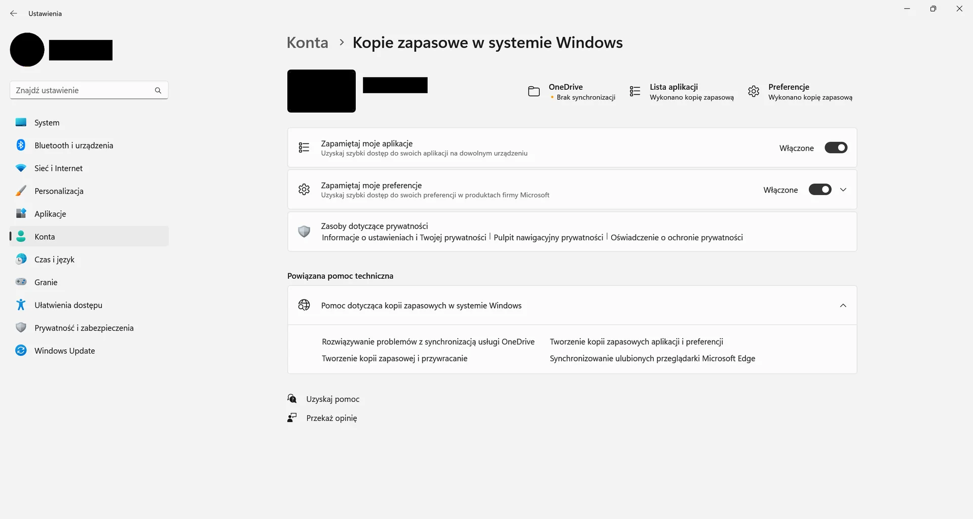 Kopia zapasowa Ilustracja przedstawia okno Ustawienia w systemie operacyjnym Windows 11. Otwarta jest zakładka Konta, Kopia zapasowa w systemie Windows, Od góry dostępne opcje to:
