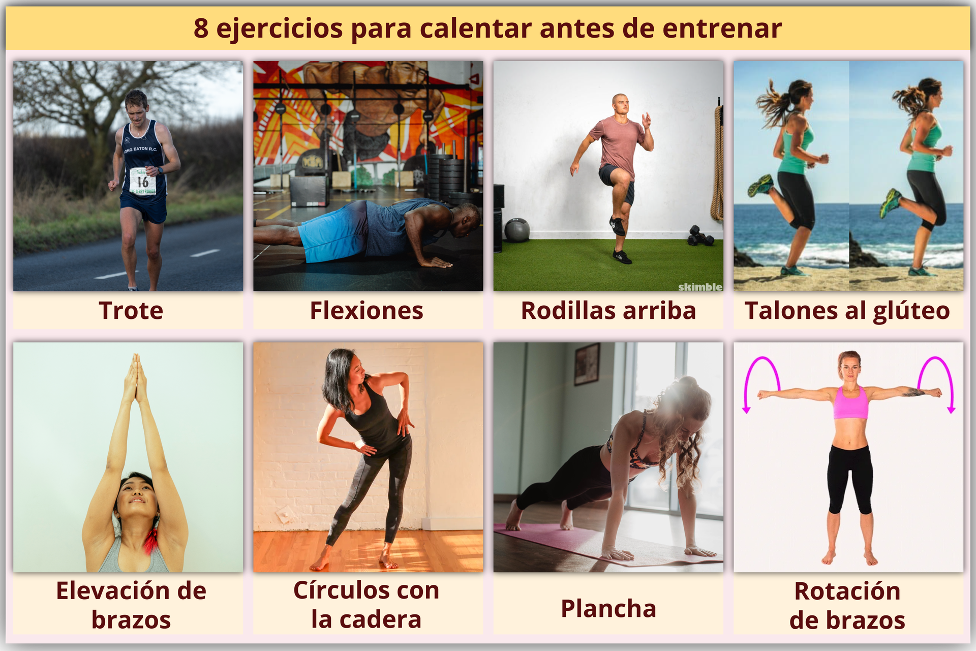 Grafika zawiera słownictwo dotyczące ćwiczeń. Tytuł grafiki 8 ejercicios para calentarte antes de entrenar. Poniżej znajduje się osiem zdjęć z podpisami. Na każdym zdjęciu osoba w sportowym stroju wykonuje jakieś ćwiczenie.Pierwsze zdjęcie przedstawia mężczyznę biegnącego truchtem. Podpis: Trote.Drugie zdjęcie przedstawia mężczyznę robiącego pompki. Podpis: Flexiones.Trzecie zdjęcie przedstawia mężczyznę, który podskakuje w miejscu unosząc wysoko kolana, czyli wykonuje skip A. Podpis: Rodillas arriba.Czwarte zdjęcie przedstawia kobietę, która biegnie unosząc pięty do pośladków, czyli wykonuje skip C. Podpis: Talones al glúteo.Piąte zdjęcie przedstawia kobietę, która unosi ramiona, prostuje ręce i łączy dłonie wysoko nad głową. Podpis: Elevación de brazos.Szóste zdjęcie przedstawia kobietę, która trzyma ręce oparte na biodrach i wykonuje koła biodrami. Podpis: Círculos con la cadera.Siódme zdjęcie przedstawia kobietę, która wykonuje ćwiczenie deskę (plank). Podpis: Plancha.Ósme zdjęcie przedstawia kobietę, która wyciąga wyprostowane ręce na bok na wysokość klatki piersiowej i obraca nimi. Podpis: Rotación de brazos.