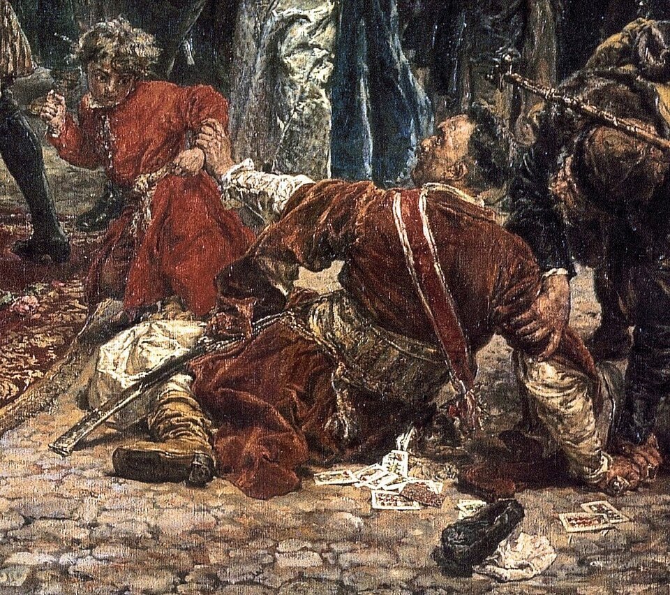 Na ilustracji ukazany jest mężczyzna w czerwonym płaszczu oraz białej koszuli, przepasany szerokim pasem, przy którym zwisa szabla. Ma również białe spodnie oraz beżowe buty na obcasie. Za prawy łokieć trzyma go z prawej strony starszy mężczyzna. On sam leży na bruku i ciągnie za przedramię dziecko. Na ziemi leży jego czapka oraz są porozrzucane małe karteczki.