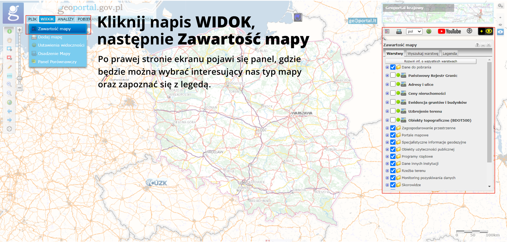 Druga z trzech ilustracji pokazująca sposób korzystania z aplikacji internetowej Geoportal. Tło aplikacji wyszarzone podobnie jak poprzednio. W lewy górnym rogu umieszczony wycinek ekranu z fragmentem menu „Widok”, w prawym dolnym rogu wycinek ekranu z dostępnymi opcjami dostosowania zawartości wyświetlanej mapy. Po lewej stronie ilustracji znajduje się jej opis: „Kliknij napis WIDOK, następnie Zawartość mapy. Po prawej stronie ekranu pojawi się panel, gdzie będzie można wybrać interesujący nas typ mapy, oraz zapoznać się z legendą”.