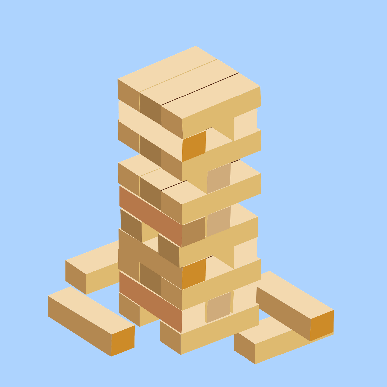 Ilustracja przedstawia wieżę lang="en">Jenga. Wieża ma 11 pięter, po trzy kostki na każde piętro. Niektórych kostek brakuje. Pozostałe kostki są rozrzucone wokół wieży.