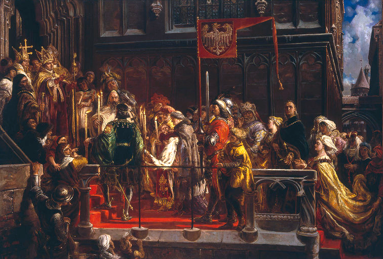 Obraz przedstawia mężczyznę, który niesie niemowlę. Obok stoi tłum ludzi, jeden z nich trzyma flagę z białym orłem. Mężczyzna kieruje się w stronę schodów. U szczytu schodów stoi inny człowiek ubrany w szatę, czapkę papieską, a w prawej ręce trzyma laskę. Za nim jest krzyż. 