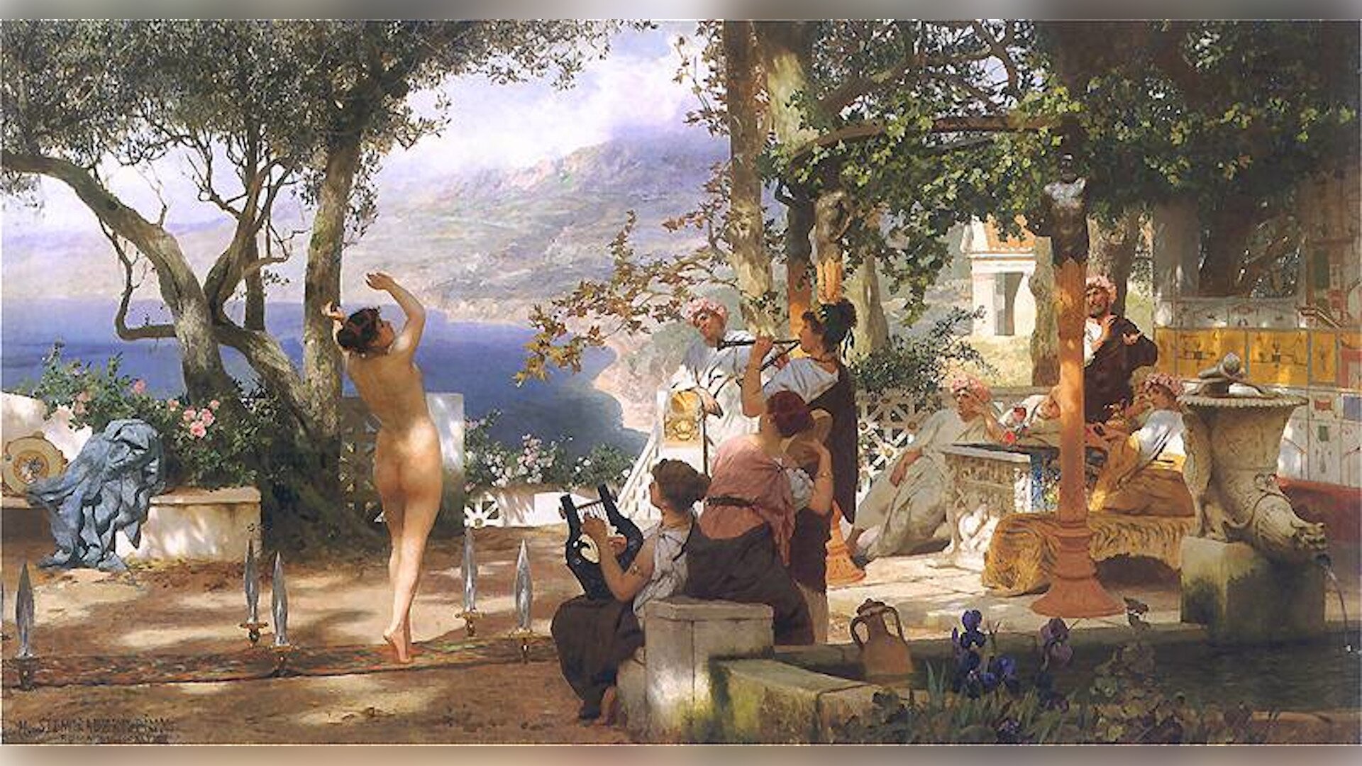 Ilustracja przedstawia obraz. W śródziemnomorskiej scenerii, w zacienionym ogrodzie grupa osób różnej płci i w różnym wieku spędza miło czas. Po lewej stronie naga młoda kobieta tańczy wśród mieczów. Pozostałe postaci są ubrane zgodnie z modą starożytnej Grecji, na głowach mają wianki, siedzą lub stoją. Grają na lirze, na flecie, klaszczą lub obserwują występ tańczącej.