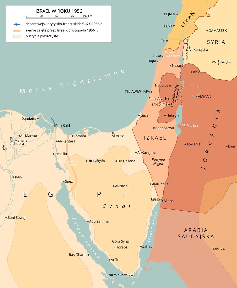 Mapa przedstawia Izrael 1956 roku. Na fragmencie mapy jest Izrael graniczący na zachodzie z Egiptem, na północy z Libanem i z Syrią, na wchodzie z Jordanią, Jordania na południu graniczy z Arabią Saudyjską. W Porcie Sand zaznaczono desant wojsk brytyjsko‑francuskich od 5 do 6 października 1956 roku. Na mapie zaznaczono ziemie zajęte przez Izrael do listopada 1956 roku: to fragment lądu na wschód od Kanału Sueskiego - obejmuje między innymi miasto Al‑Kantara. Na mapie zaznaczono pustynie piaszczyste: na północy Egiptu, wzdłuż Kanału Sueskiego i Zatoki Sueskiej. Granice Izraela obejmują między innymi miasta: Akka, Hajfa, Nazaret, Beer Szewa, Ejlat.    