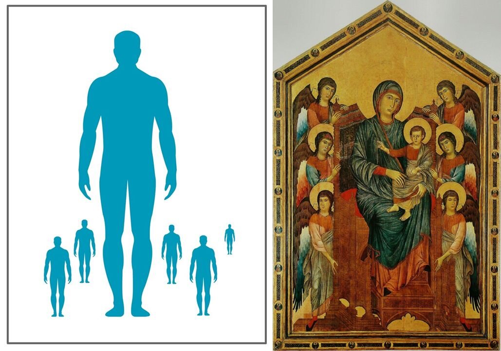 Ilustracja składa się z dwóch fotografii: z lewej strony znajduje się schemat zastosowania „stosunków wielkości”, inaczej zwanych perspektywą intencjonalna czy hieratyczną. Grafika ukazuje dużą, jednolicie wypełnioną kolorem niebieskim sylwetkę mężczyzny umieszczoną w centrum kompozycji. Wokół niej znajduje się pięć mniejszych postaci. Dwie z nich stoją na tej samej linii co duża sylwetka. Pozostałe trzy są rozmieszczone lekko wyżej, a każda z nich jest coraz mniejsza. Duża postać wyraźnie góruje nad resztą. Ilustracja po prawej stronie przedstawia obraz „Maesta” autorstwa Cimabue. Dzieło ukazuje Matkę Boską z Dzieciątkiem zasiadającą na wysokim, drewnianym, bogato zdobionym tronie. Umieszczona w centrum postać Marii jest znacznie większa od pozostałych. Jej twarz ujęta jest z półprofilu, oczy skierowane na odbiorcę. Ubrana jest w ciemno‑niebieski, drobno pofałdowany płaszcz, spod którego w dolnej części wystaje fragment czerwonej sukni. Mały Jezus ma na sobie czerwoną tunikę oraz okrywający ją szary płaszcz. Wznosi prawą rękę w geście błogosławieństwa. Po obu stronach świętej pary artysta umieścił postacie aniołów o brązowo‑czerwono‑niebieskich skrzydłach. Tło kompozycji oraz aureole zostały pokryte złotem. Obraz otoczony jest ozdobną, złoto‑brązową ramą z namalowanymi w małych kółkach popiersiami przedstawiającymi Chrystusa, aniołów, świętych i proroków. Wykonane w technice temperowej dzieło, zamknięte jest w pięciobocznej wydłużonej formie o prostokątnej dolnej partii. W dziele artysta zastosował perspektywę intencjonalną.