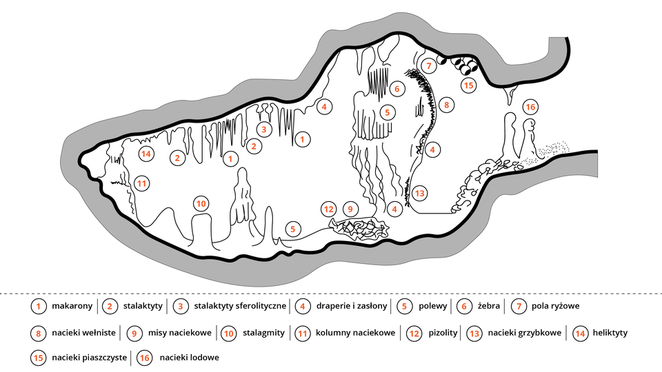 Ilustracja przedstawia zróżnicowane formy naciekowe w jaskiniach. Formy zwisające ze stropu jaskini to: makarony, stalaktyty - zwisające sople, stalaktyty sferolityczne - krzywe zwisające ze stropu sople, draperie i zasłony, polewy, pola ryżowe przypominające tarasy ryżowe i nacieki wełniste przypominające karakułowy kożuch, nacieki piaszczyste, heliktyty - mają kształt cienkich kryształków. Od sufitu do dna jaskini przytwierdzone są  kolumny naciekowe. Na dnie jaskini znajdują się mające postać słupów stalagmity, misy naciekowe, pizolity - formy kuliste. Nacieki lodowe mają postać słupków.  