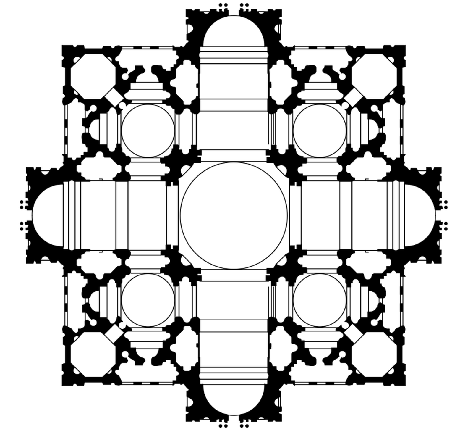 Grafika przedstawia czarno‑biały plan Bazyliki św. Piotra na Watykanie. Składa się on z centralnego okręgu oraz czterech prostokątnych naw ułożonych w plan równoramiennego krzyża. Każda z naw zakończona jest półkolem. W każdym z rogów, po przekątnej znajduje się okrąg oraz ośmiobok.