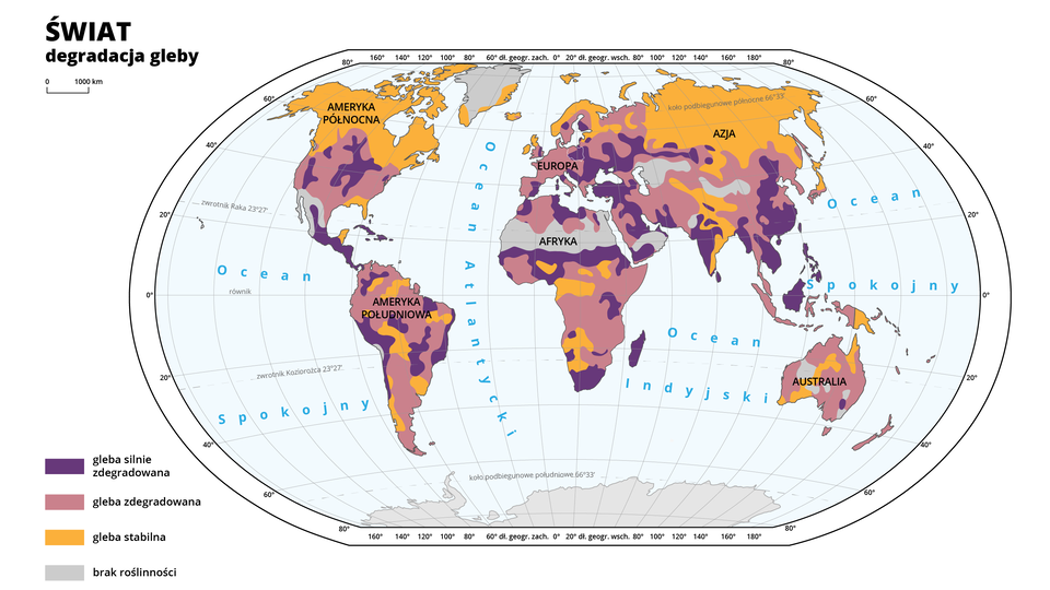 Mapa świata prezentuje obszary zagrożone degradacją gleb według jej przyczyn. Gleby silnie zdegradowane występują w centralnej i zachodniej części Stanów Zjednoczonych, od Meksyku po Panamę, na obszarze Kolumbii i Wenezueli, w zachodniej i centralnej Brazylii, wzdłuż zachodniego wybrzeża Ameryki Południowej (Peru, Chile), na obszarach Afryki Południowej wraz z Madagaskarem oraz w pasie Sahelu, w Europie Wschodniej i na obszarach południowych, w północnej i wschodniej części Półwyspu Arabskiego, na znacznym obszarze Indii (część zachodnia i środkowa), na Półwyspie Indochińskim oraz na wschodzie Chin, na Filipinach i Borneo. Gleby zdegradowane występują na pozostałym obszarze Stanów Zjednoczonych (poza obszarami, gdzie są gleby silnie zdegradowane, na znacznych obszarach Ameryki Południowej (Brazylia, Argentyna, Ekwador, Wenezuela), w środkowej i południowej części Afryki, w niemal całej Europie z wyjątkiem krajów skandynawskich oraz Irlandii i północnej części Wielkiej Brytanii, gdzie gleby są stabilne, w Azji z wyjątkiem obszarów północnych (Rosja), w zachodniej części Papui‑Nowej Gwinei, na wyspach indonezyjskich (zachodnia część), w północnej, południowej, wschodniej i zachodniej części Australii. Gleby stabilne obejmują obszar północny Ameryki Północnej (Kanada, Alaska), Florydę w USA, niewielki obszar w środkowej części Ameryki Południowej (Boliwia, Brazylia), rejon środkowej Amazonki, środkowe Chile, Urugwaj, obszar centralny Afryki Środkowej, Angolę, Namibię, kraje skandynawskie, Irlandię, północną część Wielkiej Brytanii, Rosję, Kazachstan, Japonię, północne i wschodnie Indie oraz obszar na północ od Indii, wschodnią część Papui‑Nowej Gwinei, środkowy, południowo‑zachodni i północno‑wschodni obszar Australii. Brak roślinności występuje na niemal całej Grenlandii z wyjątkiem niewielkiego obszaru na południu oraz na wschodzie, gdzie zaznaczono gleby stabilne, w północnej części Meksyku, na obszarze Sahary, w południowej części Półwyspu Arabskiego, na wschód od Morza Kaspijskiego, na terenie pustyni Gobi, na obszarze Wielkiej Pustyni Piaszczystej w Australii.           