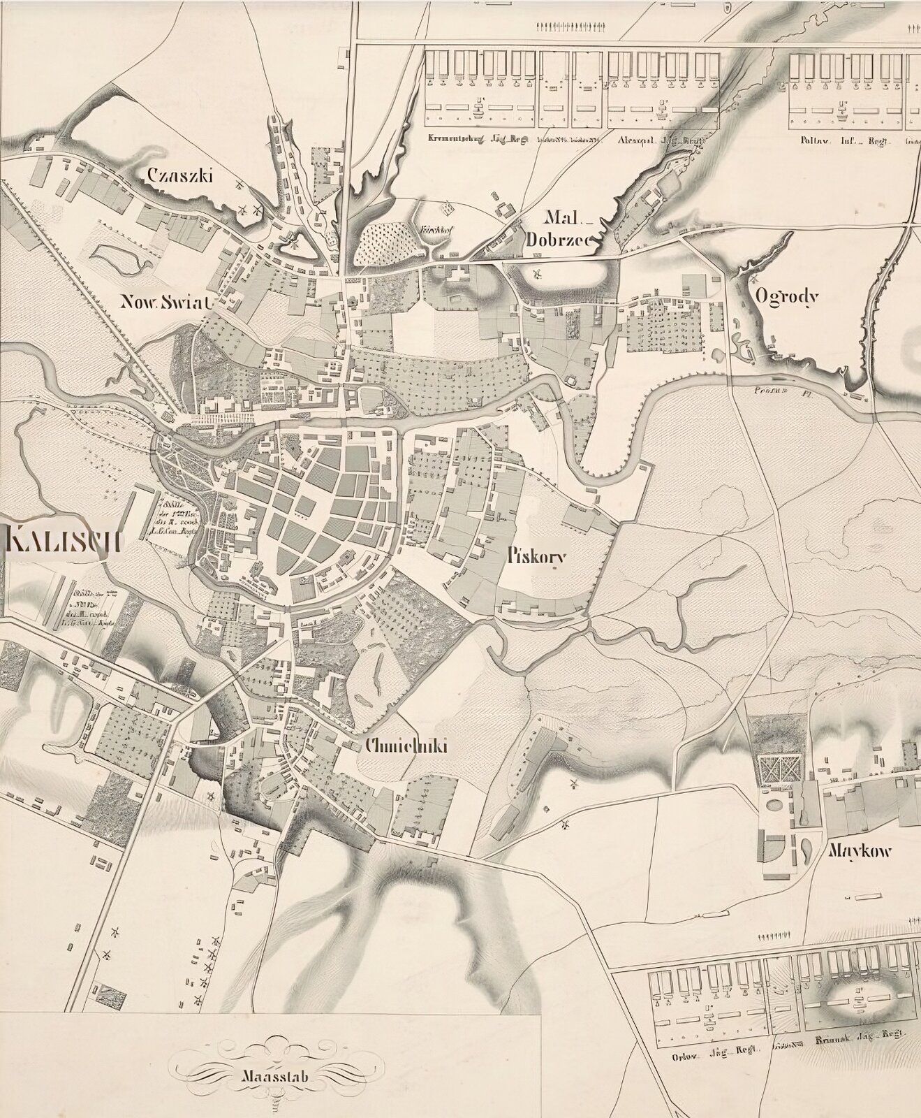 Ilustracja przedstawia fragment mapy niemieckiej Kalisza (podpisanego jako Kalisch) z 1835 roku z widocznym układem urbanistycznym starego miasta. Obwarowania miejskie przylegają na północy do Prosny, za którą dalej są miejscowości: nas lewo Nowy Świat i Czaszki, a na prawo Dobrzec i Ogrody. Kalisz ma w centrum zlokalizowany rynek, od którego odchodzą równolegle ulice. Na planie miasta są oznaczone trzy świątynie: jedna w pobliżu Prosny, a dwie inne na południu od centrum. Na wschodzie starego miasta znajduje się też kaplica. Na południe od Kalisza zlokalizowane są miejscowości: Piskory, Chmielniki, Majków (pisane na mapie jako Maykow).