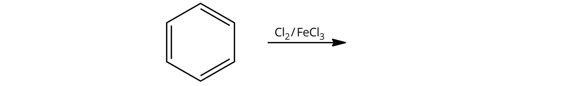 Ilustracja przedstawia fragment schematu reakcji chlorowania benzenu. Cząsteczka benzenu zbudowana z sześcioczłonowego pierścienia aromatycznego. Strzałka w prawo, nad strzałką Cl2, FeCl3.