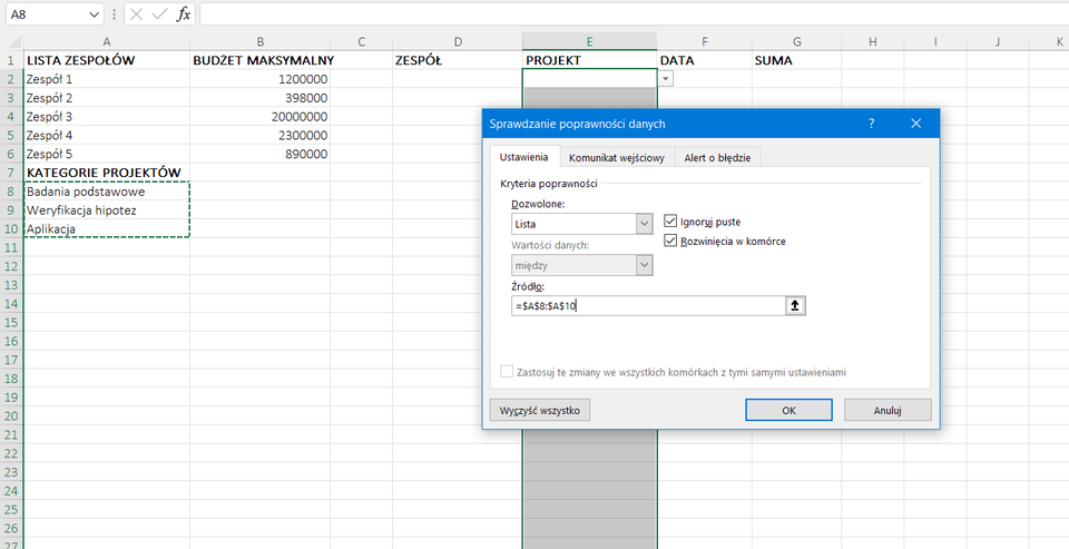 Ilustracja przedstawia arkusz kalkulacyjny. W komórce A1 jest napis: Lista zespołów, w A7 Kategorie projektów, w B1 Budżet maksymalny, w D1 Zespół, w E1 Projekt, w F1 Data, w G1 Suma. Tam, gdzie Zespół, Projekt, Data, Suma komórki kolumn są puste. Komórki kolumny E są zaznaczone na szaro i całość otoczono zieloną ramką. Trzy komórki w kolumnie A, czyli od A8 do A10 są otoczone ramką z linii przerywanych. Komórki należą do kategorii projektów. Brzmią: Badania podstawowe, Weryfikacja hipotez, Aplikacja. Na tle arkusza wyświetla się okno dialogowe o nazwie: Sprawdzanie poprawności danych. Tam w Ustawieniach zaznaczono: Kryteria poprawności, Dozwolone: Lista, Ignoruj puste, Rozwinięcia w komórkach. Wartości danych: między. Źródło: =$A$8:$A$10. Zastosowano przycisk OK.    