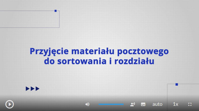 Przykładowy widok okna odtwarzacza sekwencji filmowej. W oknie stopklatka, na której widoczny jest tytuł sekwencji. Przyjęcie materiału pocztowego do sortowania i rozdziału. W dolnej części znajdują się ikony nawigacyjne. W lewym dolnym rogu jest ikona trójkąta w kole. Symbol służy do uruchomienia filmu. Po prawej stronie dolnej części ekranu znajduje się ikona głośnika, a obok niego jest niebieska linia, na której można regulować poziom głośności. Obok jest ikona przedstawiająca fragment sylwetki człowieka (głowa i górna część tułowia). Po prawej stronie głowy znajdują się dwa białe półkola - zewnętrzne większe, wewnętrzne mniejsze. Ikona pozwala włączyć wersję filmu z audiodeskrypcją. Obok znajduje się biały prostokąt z czarnymi, małymi polami w dolnej części. To ikona służąca do włączenia napisów. Obok napis "auto", który pozwala zmienić jakość odtwarzanego filmu. Dalej na prawo napis: "jeden x". Ten przycisk pozwala na zmianę szybkości odtwarzania filmu. W prawym dolnym rogu białe, przerywane kontury kwadratu. To ikona pozwalająca przejść do trybu pełnoekranowego.