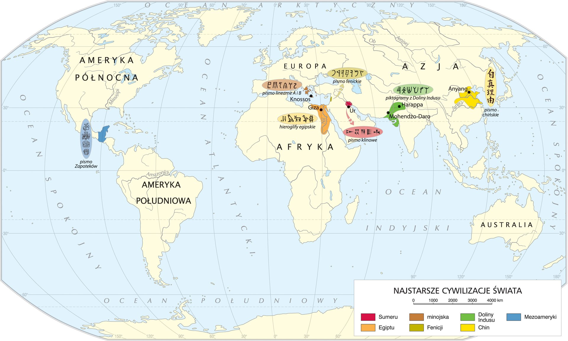 Mapa przedstawia najstarsze cywilizacje świata. Zaznaczona jest cywilizacja Sumeru z w południowej części Mezopotamii (dzisiaj południowy Irak) z zaznaczonym miastem Ur i informacją, że tam powstało pismo klinowe. Cywilizacja Egiptu położona w północno‑wschodniej Afryce w dolinie i delcie Nilu z zaznaczonym miastem Giza. Tam powstały hieroglify egipskie. Kolejna to cywilizacja minojska zajmująca obszar Morza Śródziemnego i współczesne wyspy greckie. Na mapie zostało zaznaczone miasto Knossos i informacja, że powstało tam pismo linearne A i B. Kolejna to cywilizacja Fenicji, która znajdowała się na wschodnim wybrzeżu Morza Śródziemnego, obejmując tereny dzisiejszego Libanu, zachodniej Syrii i północnego Izraela. Tam powstało pismo fenickie. Kolejna to cywilizacja Doliny Indusu z miastami Harappa i Mohendżo‑Daro, leżąca na obszarze subkontynentu indyjskiego. Tam powstały piktogramy z Doliny Indusu. Kolejna to cywilizacja Chin z miastem Anyang i pismem chińskim na obszarze delty rzeki Jangcy. Ostatnia to cywilizacja Mezoameryki zajmującej teren od środkowego Meksyku po Przesmyk Panamski. Tam powstało pismo Zapoteków. 