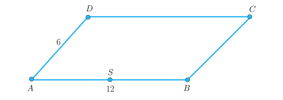 Na ilustracji przedstawiono równoległobok A B C D. Długość ramienia A D. wynosi 6, natomiast długość podstawy A B. wynosi dwanaście. Zaznaczono punkt S, stanowiący środek podstawy A B.