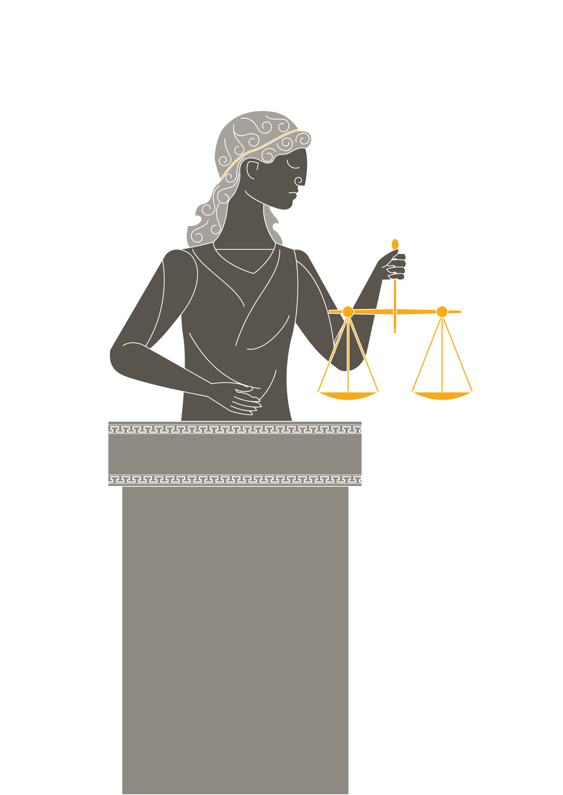 Rysunek przedstawiający popiersie młodej kobiety na postumencie, ukazany z profilu. Kobieta w prawej dłoni trzyma wagę szalkową, w gęste długie włosy ma wplecioną złotą nić, idącą przez całą długość włosów i głowy. Kobieta ma głowę pochyloną w dół i zamknięte oczy. 