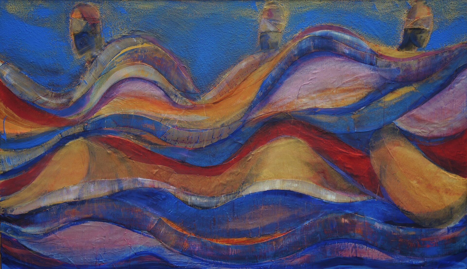 Ilustracja przedstawia obraz „Taniec Oya 2”, autorstwa Justyny Grzebieniowskiej‑Wolskiej. Artystka, przy pomocy figur geometrycznych oraz wyrazistych kolorów, stworzyła kompozycję abstrakcyjną, która w swej formie nawiązuje do pejzażu. Poziome, faliste podziały przypominają fale morskie. Trzy proste kształty, podobne do statków unoszą się na górnej krawędzi łuków. Płasko malowane płaszczyzny przeplatają się z laserunkami i przecierkami. Dominującym kolorem dynamicznej kompozycji jest niebieski, przeplatany czerwieniami, różami i ciepłymi żółciami. Dzieło wykonane jest w technice własnej.