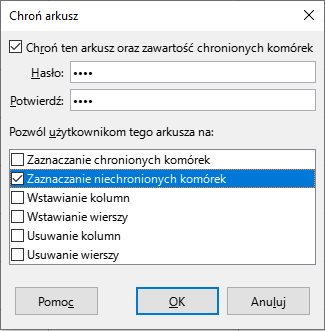 Ilustracja przedstawia okno zatytułowane Chroń arkusz. Zaznaczono: Chroń ten arkusz oraz zawartość komórek. Wpisano hasło oraz potwierdź. W opcji: Pozwól innym użytkownikom na: wybrano Zaznaczanie niechronionych komórek. Zastosowano przycisk OK.  