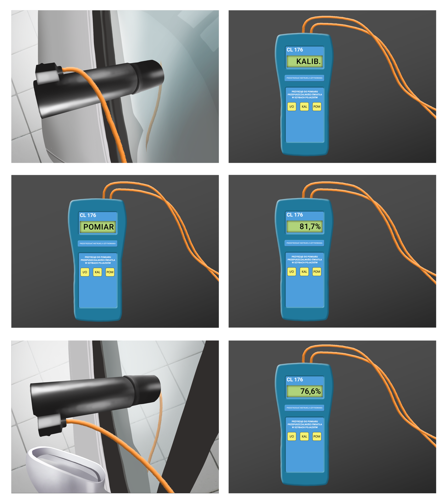 Ilustracja przedstawia urządzenie służące do pomiaru przepuszczalności światła szyb samochodowych. Na ilustracji zaznaczono 6 obrazków. 
Pierwszy od lewej ukazuje urządzenie przyłożone do szyby.
 Druga grafika ukazuje miernik. Miernik jest w kształcie prostokąta odchodzą od niego dwa pomarańczowe kable. Na ekranie miernika  widoczny jest napis kalib. powyżej kod CE EL 1 7 6. Poniżej znajduję się naklejka przestrzegać instrukcji użytkowania. Pod naklejką napis przyrząd do pomiaru przepuszczalności światła w szybach pojazdów. Poniżej trzy przyciski i ukośnik o kal oraz pom. Trzeci obraz przedstawia miernik z napisem POMIAR, na piątym obrazie  widać wynik pomiaru na mierniku jest to osiemdziesiąt jeden przecinek siedem procent. Na piątym obrazku znajduję się urządzenie przyłożone do szyby w innej pozycji. Na szóstym obrazku znajduję się miernik, z odczytem siedemdziesiąt sześć przecinek sześć procent.