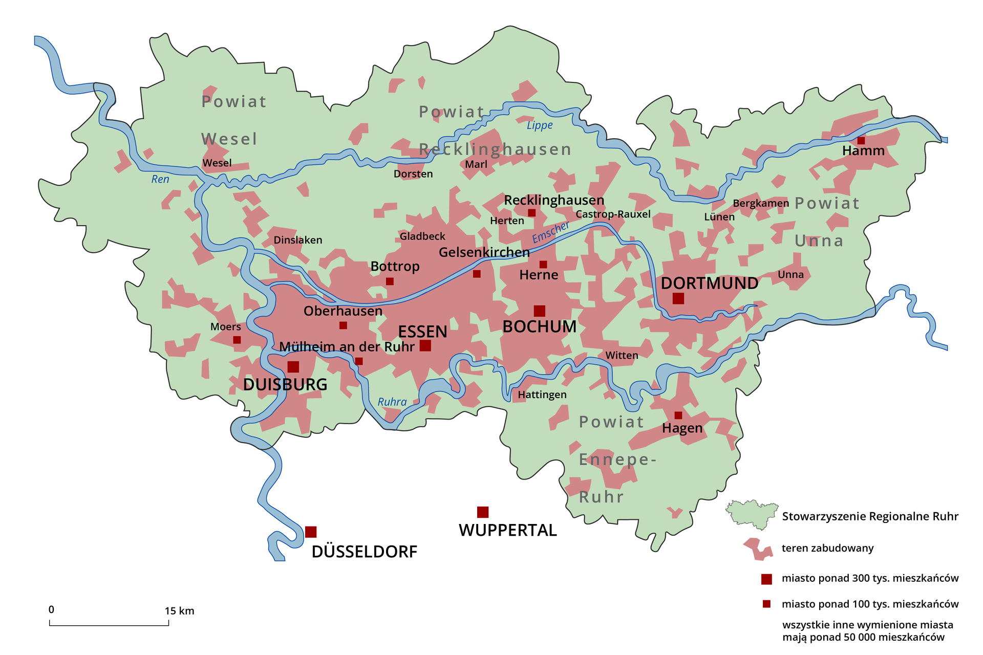 Mapa przedstawia Zagłębie Ruhry. Zielonym kolorem oznaczono obszar Stowarzyszenia Regionalnego Ruhr. Miasta powyżej trzystu tysięcy mieszkańców oznaczono dużymi czerwonymi kwadratami są to Dusseldorf, Wuppertal, Duisburg, Essen, Bochum i Dortmund, miasta ponad 100 tysięcy mieszkańców mniejszymi kwadratami są to Moers, Oberhausen, Bottrop, Gelsenkirchen, Recklinghausen, Herne, Hamm i Hagen. Pozostałe miasta, których nazwy podano na mapie mają ponad 50 tysięcy mieszkańców są to: Wesel, Dinslaken, Dorsten, Marl, Herten, Gladbeck, Castrop‑Rauxel, Lunen, Unna, Written, Hattingen, Bergamen.