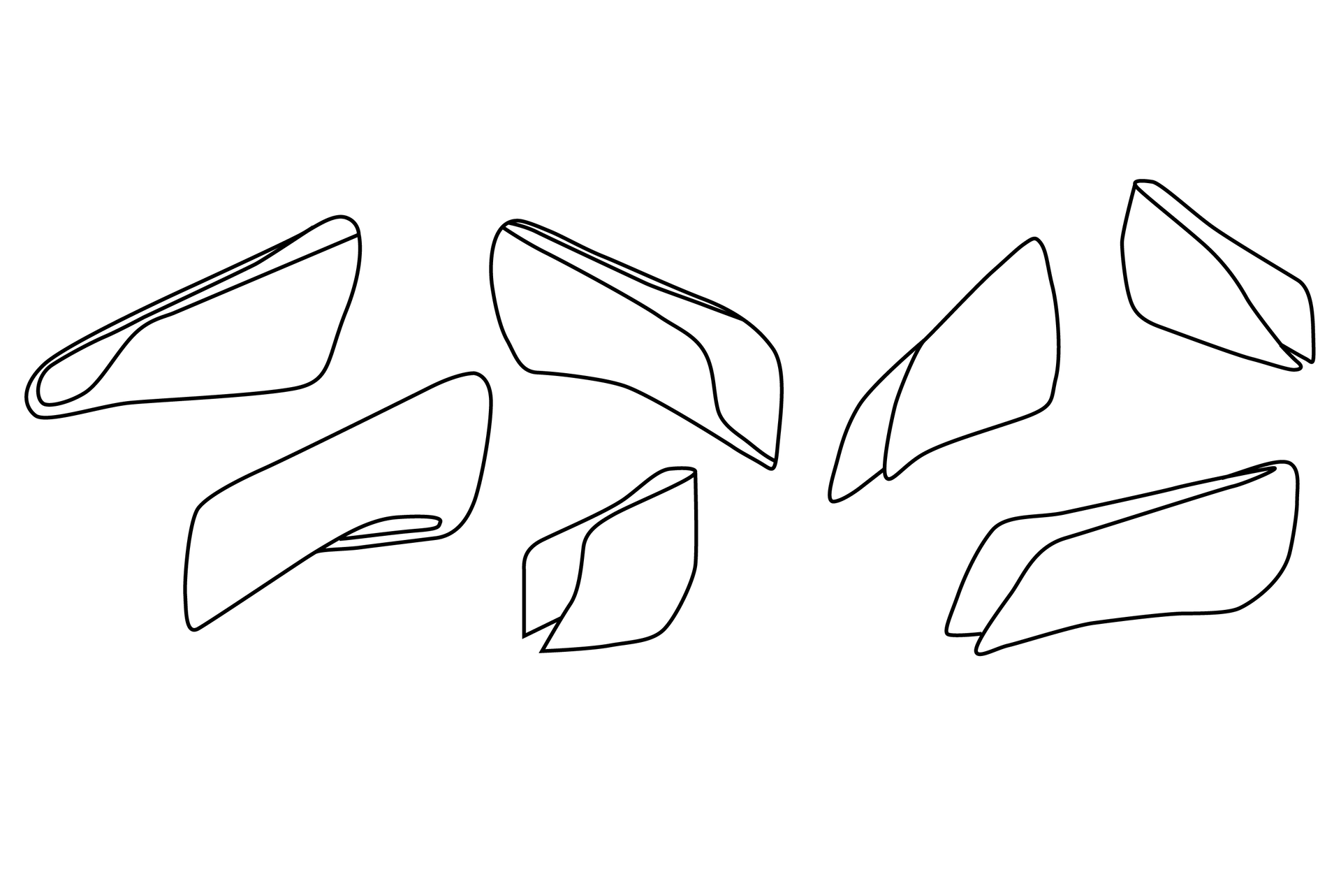 Grafika przedstawia siedem kształtów. Wszystkie są podłużne, obłe, nieregularne.