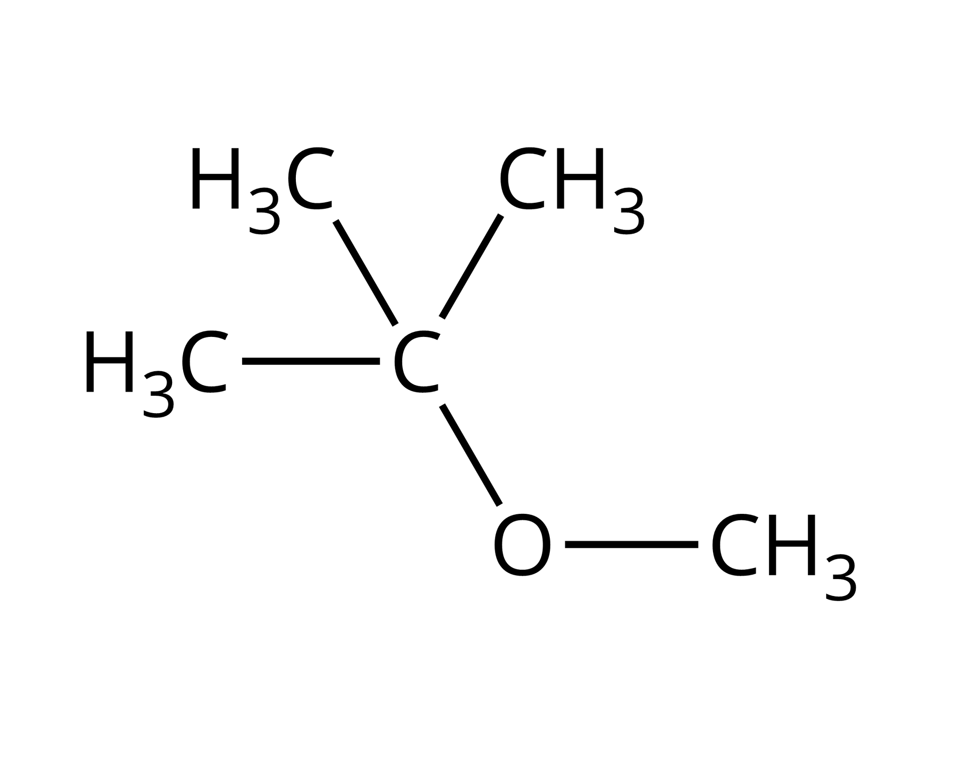 Ilustracja przedstawia wzór MTBE zbudowany z atomu węgla podstawionego trzema grupami metylowymi CH3 oraz związanego z atomem tlenu połączonym z grupą metylową CH3. 